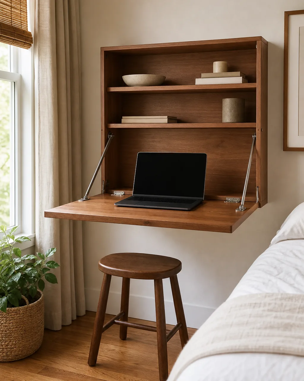 A wall-mounted fold-down desk in the open working position in a bedroom corner, a laptop on the desk surface with visible wall-mount brackets and hinges, a wooden stool tucked underneath