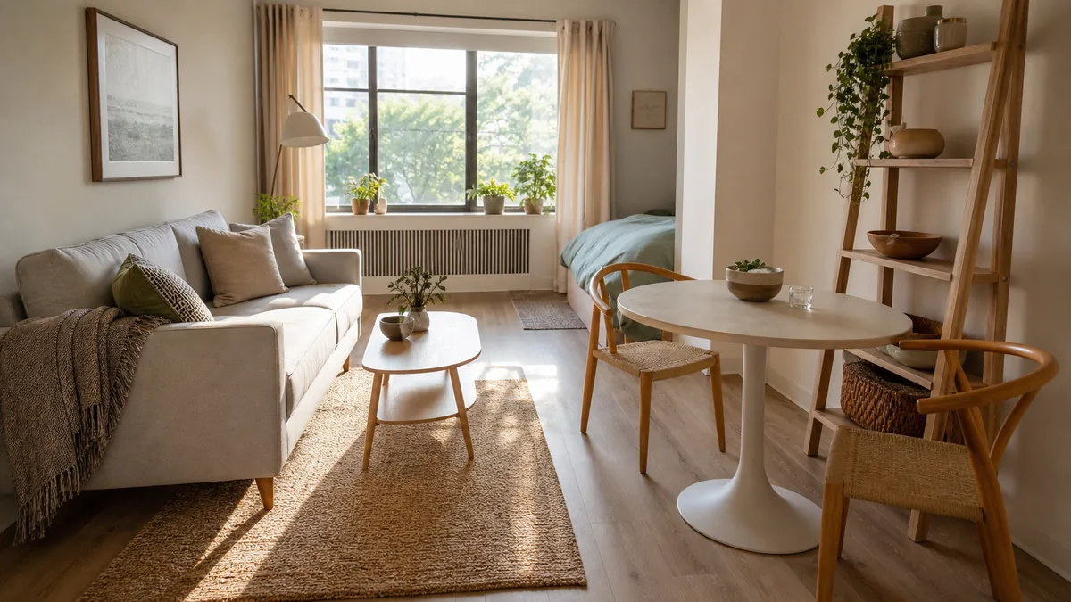 A bright compact studio apartment living area with a small sofa on tapered legs, a round pedestal dining table, and a tall ladder shelf against the far wall, morning light streaming through a tall window