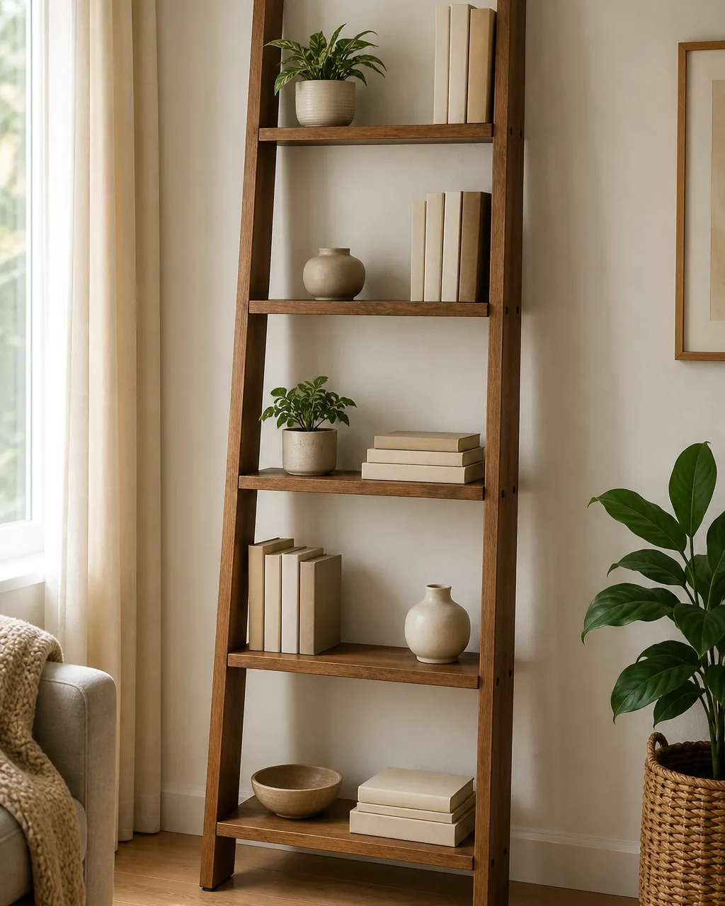 A tall five-tier ladder shelf leaning against a warm white wall in a compact living room corner, shelves holding a mix of books, a small potted plant, and a ceramic object with the shelf tapering toward the top