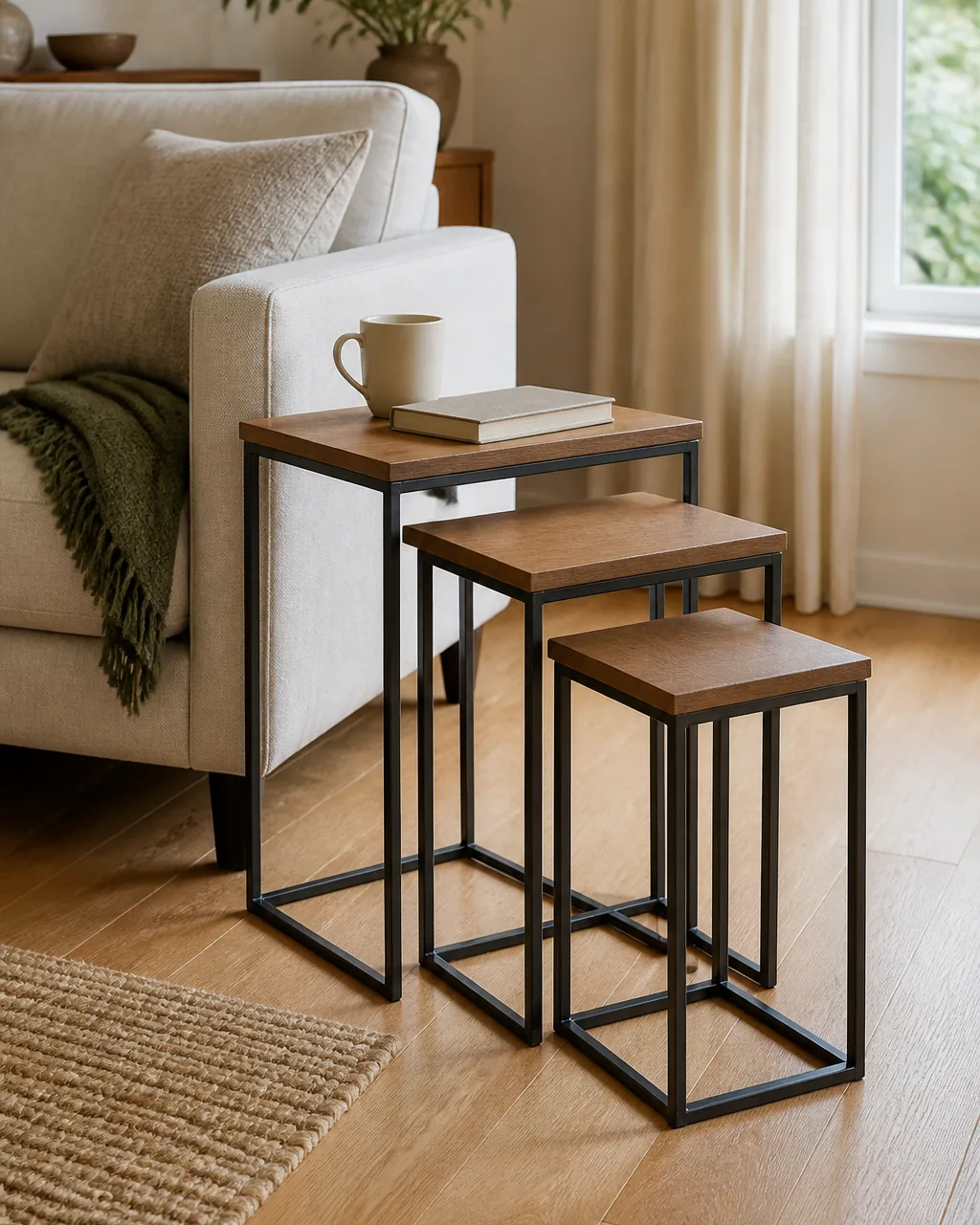 A set of three nesting side tables with metal frames and light wood tops fanned out beside a small sofa, graduated sizes with a coffee mug and book on the largest
