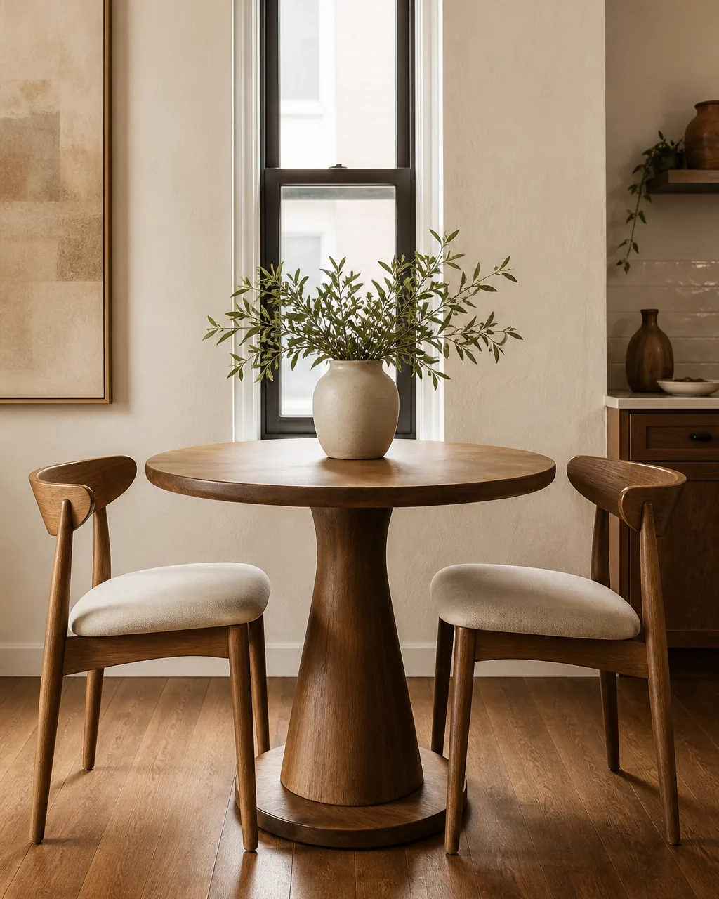 A 36-inch round wooden pedestal dining table with two chairs in a small breakfast nook, a narrow window on the adjacent wall and a ceramic vase with greenery on the table