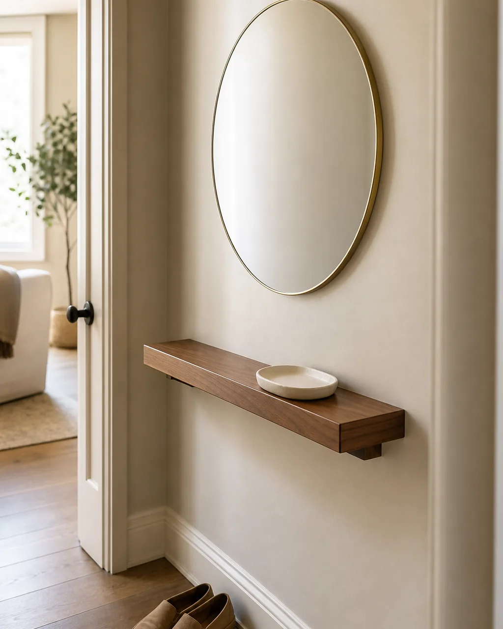 A narrow apartment entryway with a slim wall-mounted console table under twelve inches deep against the wall, a small ceramic tray with keys on top, shoes neatly placed on the open floor below, and a round mirror on the wall above