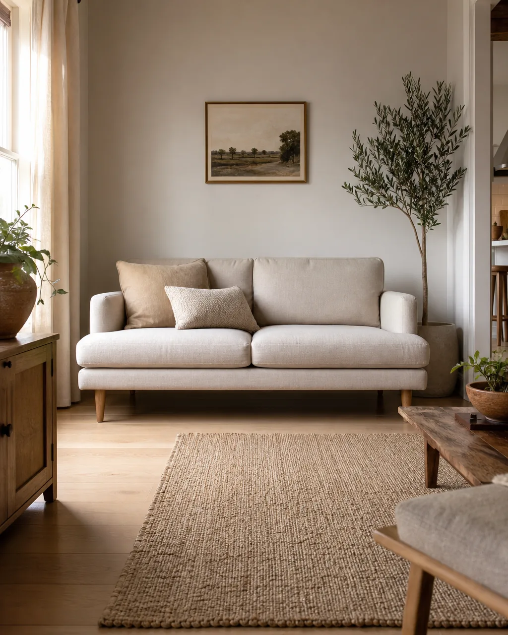 A low-profile modern sofa with exposed tapered wooden legs about six inches tall on a light hardwood floor, showing a clear gap between the sofa base and the floor that lets light pass underneath