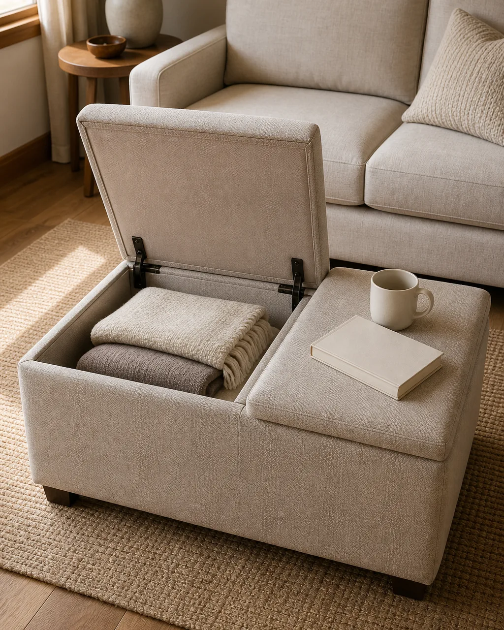 A square upholstered storage ottoman with a flat hinged lid lifted open revealing folded throw blankets inside, sitting in front of a small sofa in a compact living room, a book and coffee mug on the closed portion