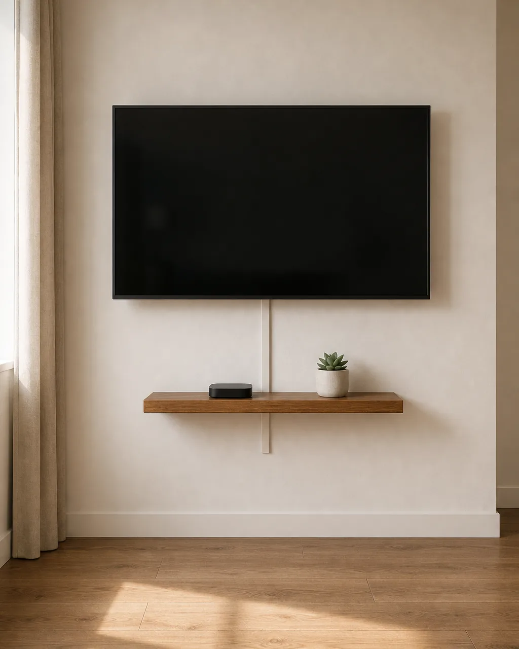A living room wall with a flat-screen TV wall-mounted at seated eye level, a single floating shelf directly below holding a small streaming device and a tiny potted succulent, the floor below completely open with no media console