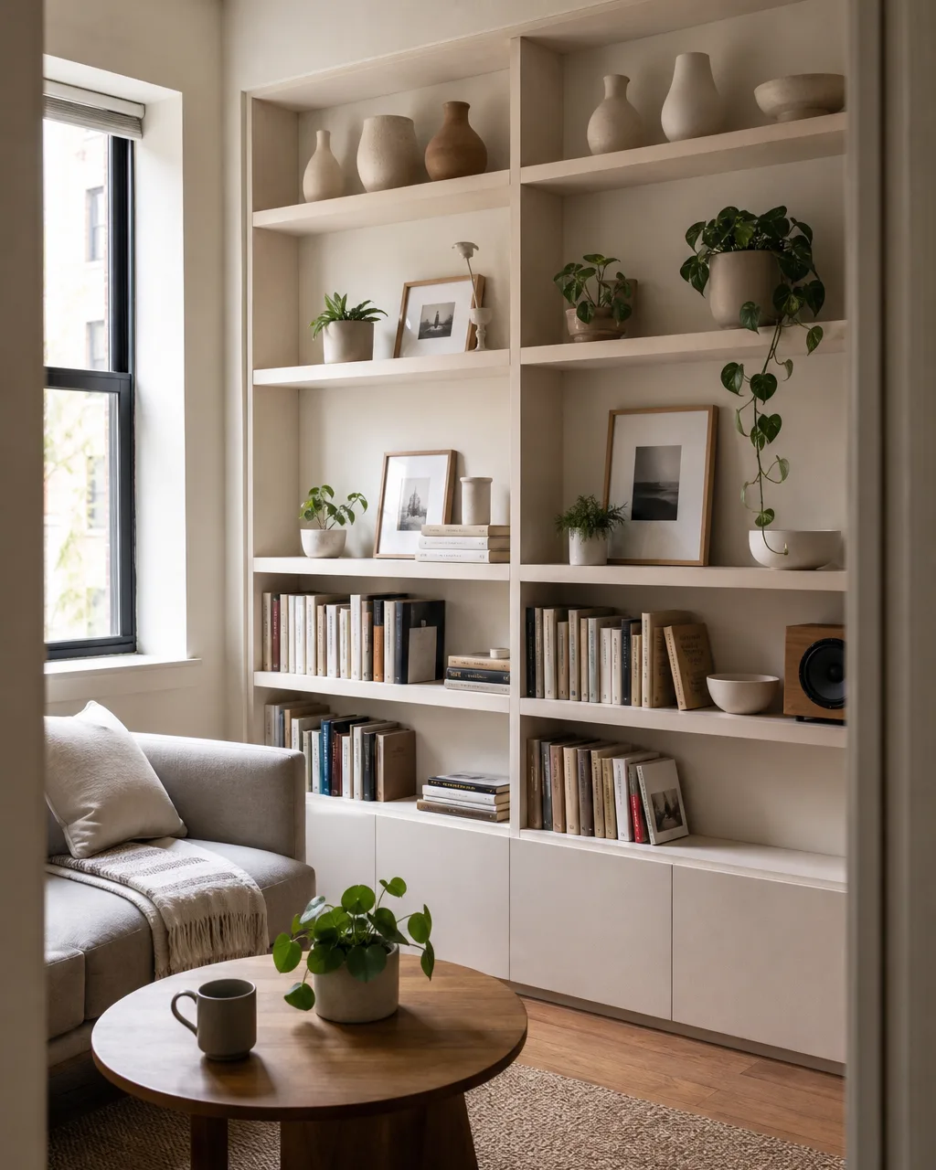 Floor-to-ceiling pale wood open shelving on one wall of a small living room, books and a speaker on the lower shelves, plants and framed photos in the middle, ceramic vases at the top, all painted warm white