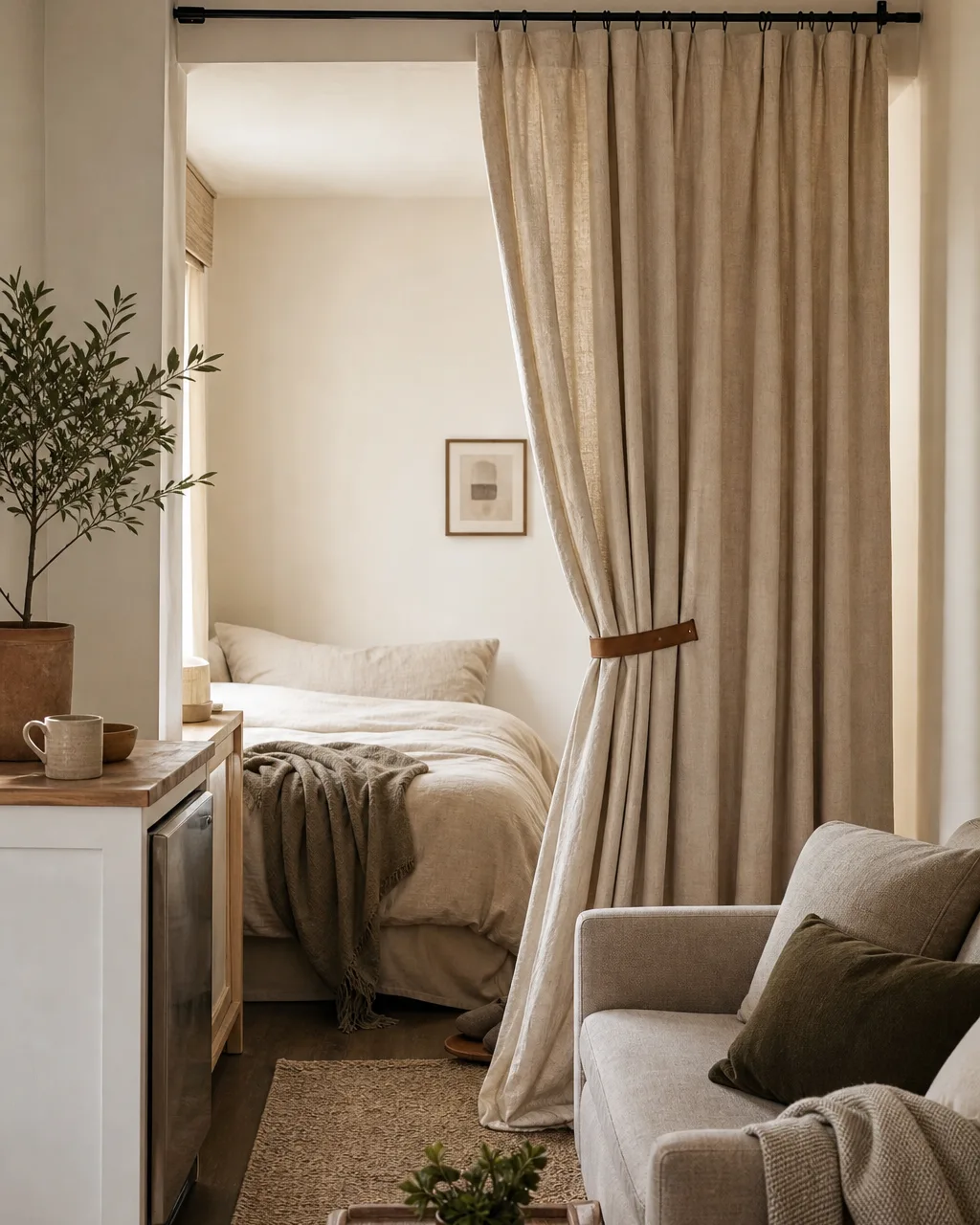 A natural linen curtain on a tension rod dividing a studio apartment, partially gathered with a leather strap showing a sleeping nook behind and a compact sofa in front, warm oatmeal tones