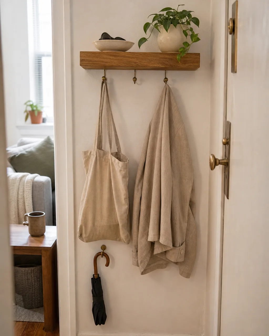 A floating oak shelf at chest height beside an apartment door, a ceramic dish and sunglasses on top, three brass hooks underneath holding a canvas tote and a linen jacket, white wall