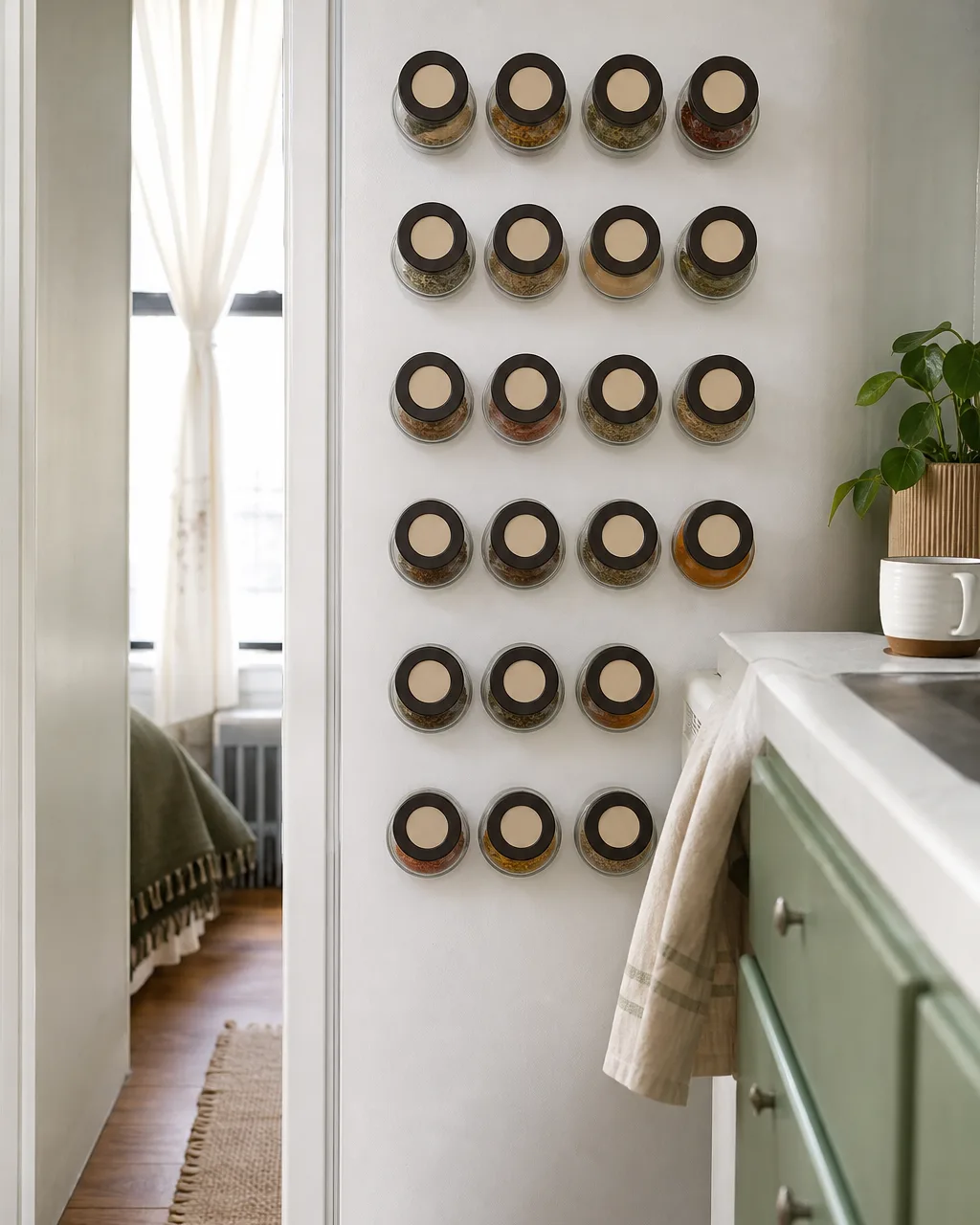 Neat rows of small glass magnetic spice jars with dark lids stuck to the side of a white fridge in a compact kitchen, labels on top, a sage cabinet and white counter at the edge