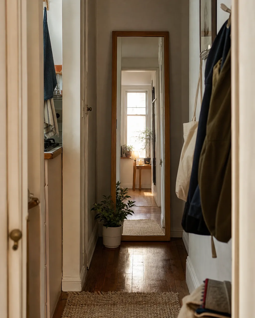 A tall full-length mirror with a slim oak frame leaning against the end wall of a narrow apartment hallway, reflecting the opposite window and doubling the depth, a small plant anchoring the base