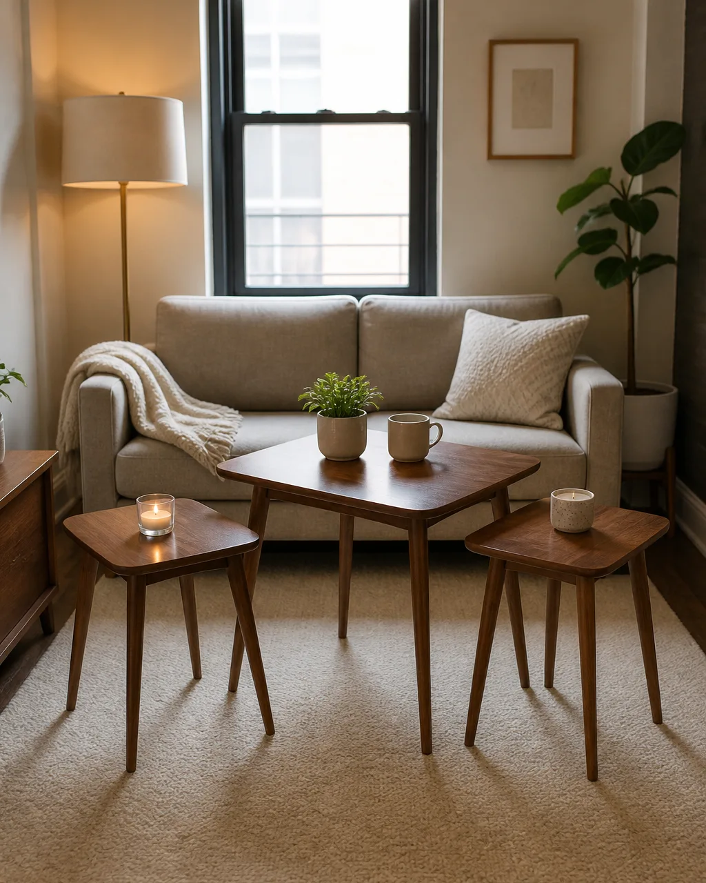 Three graduated walnut nesting tables with slim tapered legs in a small living room, the largest centered on a cream rug, two smaller ones pulled out beside a neutral sofa, each holding a candle