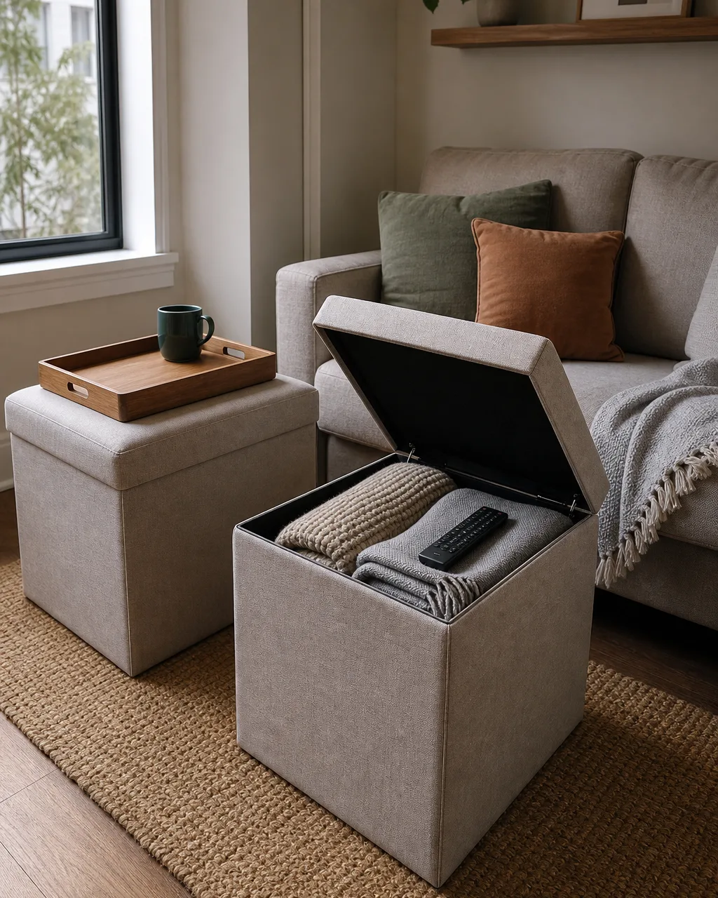 A linen cube ottoman with the hinged lid open showing neatly folded blankets and a remote inside, on a jute rug beside a neutral sofa, a wooden tray on a matching closed ottoman nearby