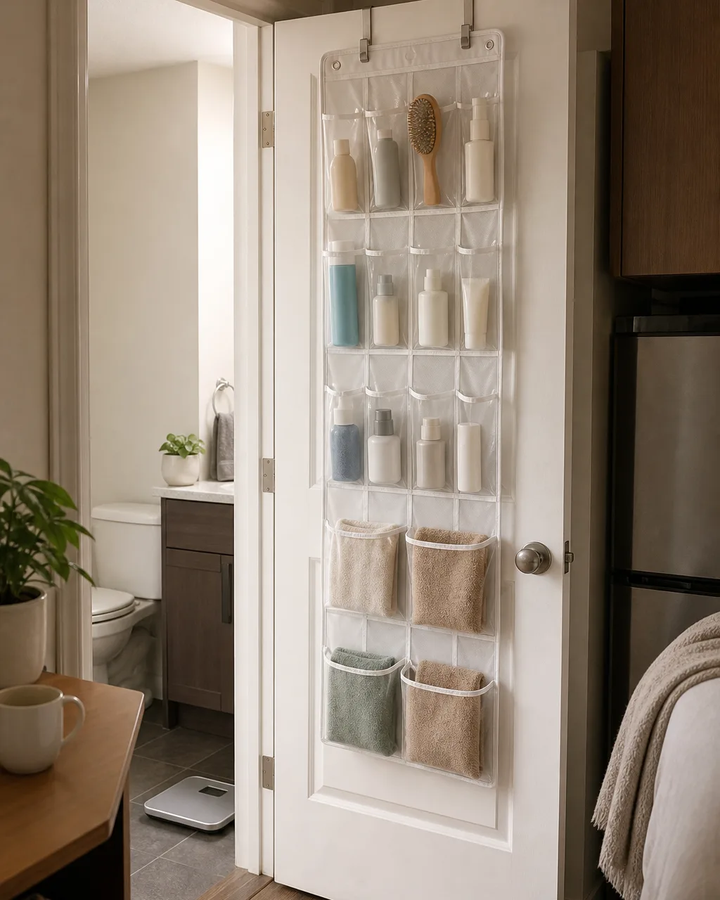 A clear pocket over-the-door organizer on the back of a white bathroom door, pockets filled with travel toiletries, a small hairbrush, and folded washcloths, the door partially open
