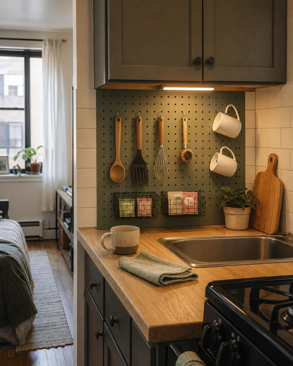 A sage green painted pegboard between the counter and upper cabinets in a small kitchen, holding wooden utensils on hooks, two wire baskets with tea packets, and two white mugs, some holes left empty
