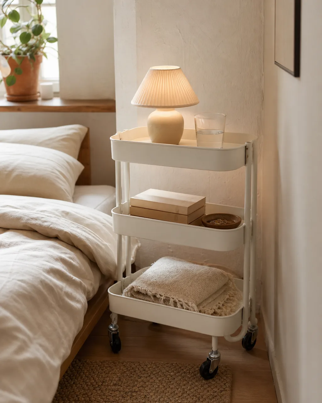 A white three-tier metal rolling cart beside a low platform bed with cream linen bedding, a ceramic lamp and water glass on top, books and a tray in the middle, a folded throw on the bottom tier