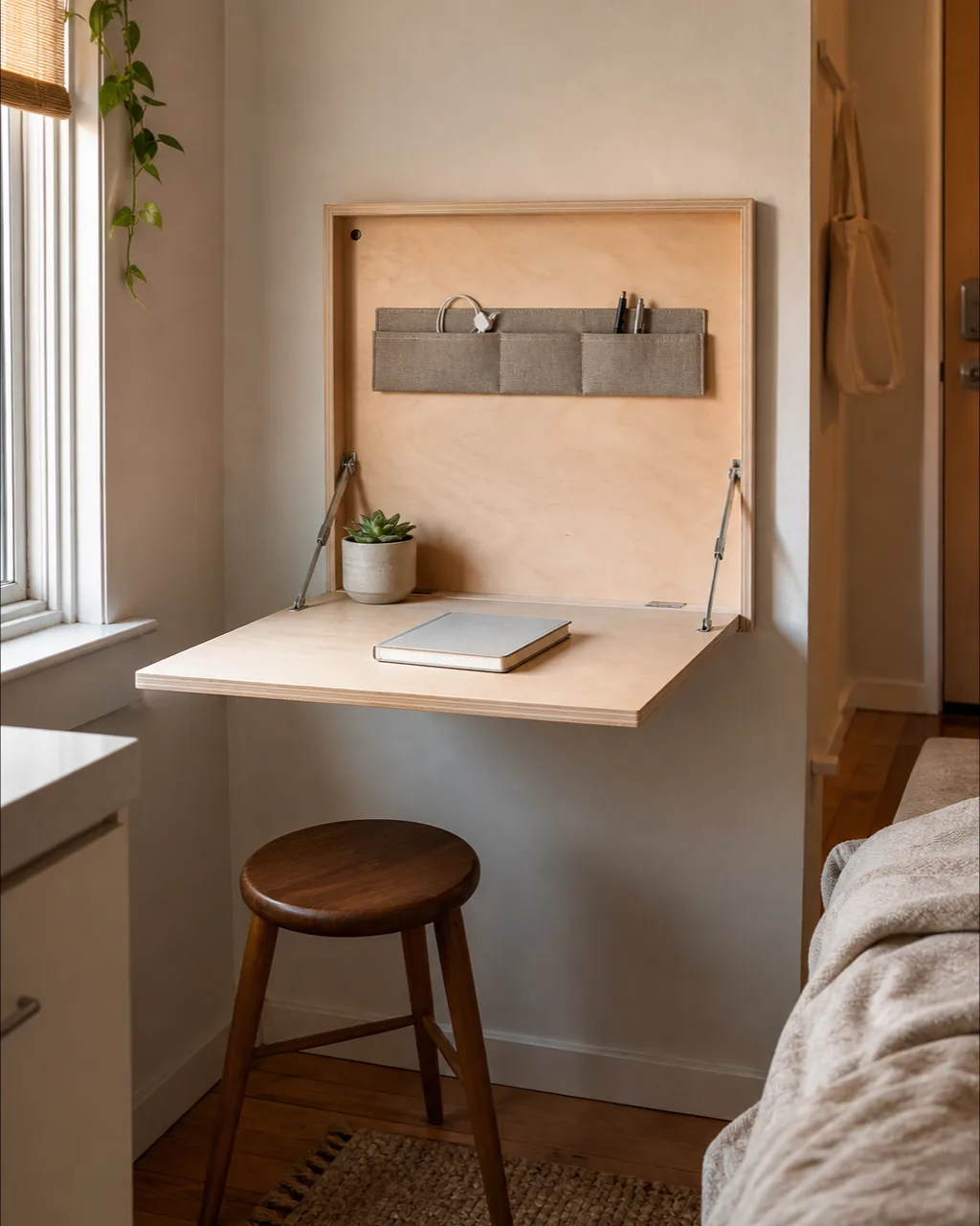 A hinged birch plywood fold-down desk open and level against a white apartment wall, a small succulent and notebook on the surface, a slim wall pocket above holding pens, warm afternoon light