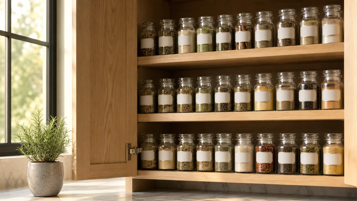 An open kitchen cabinet showing three tiers of matching glass spice jars with handwritten labels, warm morning light from a window on the left, light oak interior and clean marble countertop below