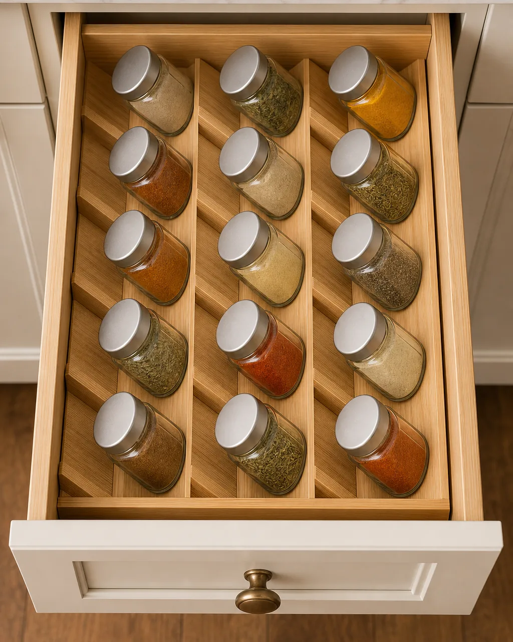 An open kitchen drawer with bamboo angled dividers holding spice jars tilted at 45 degrees with labels facing upward, variety of colorful ground spices visible through clear glass