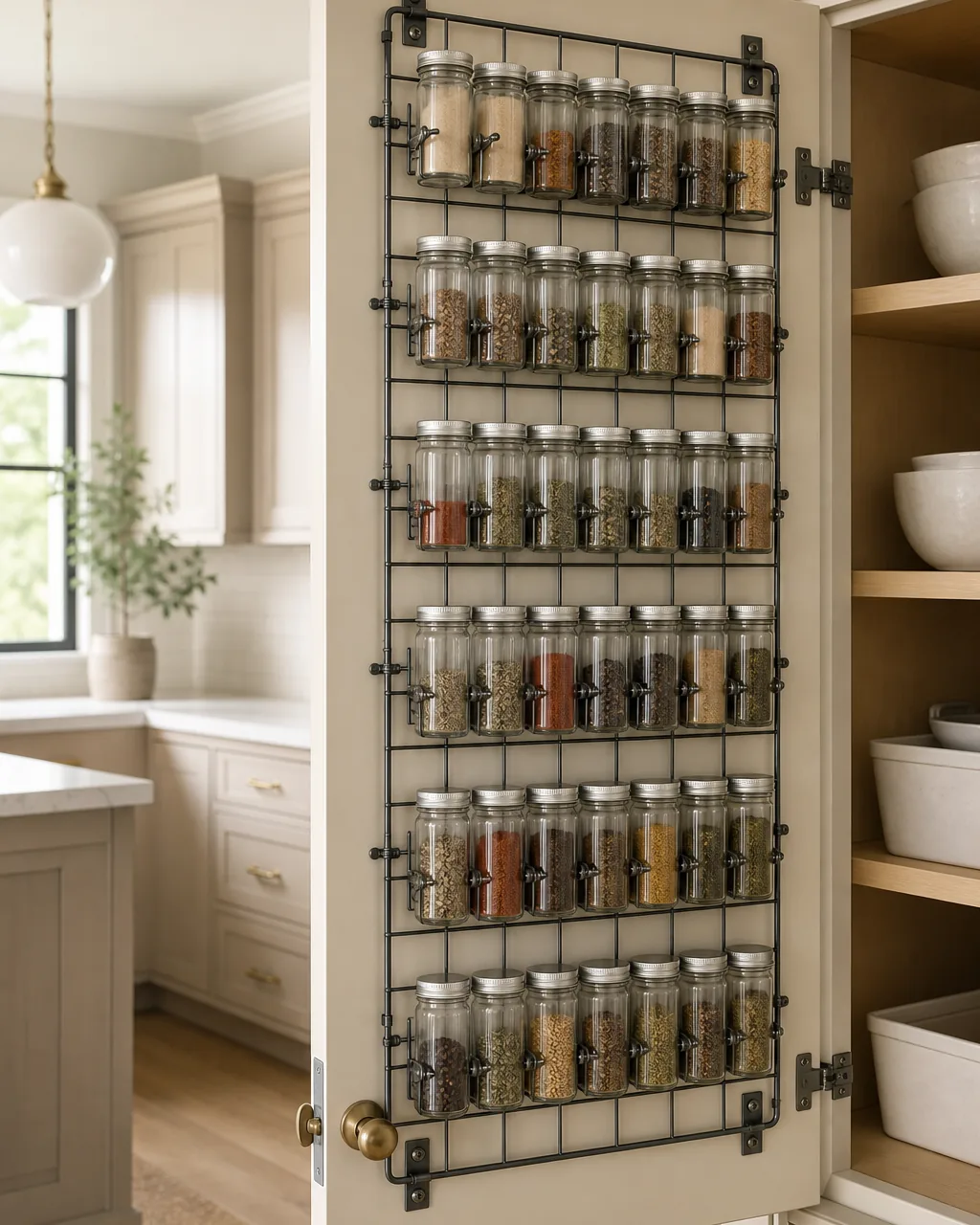 Three glass spice jars on a kitchen shelf each with a white label showing a date and spice name format, the front jar in sharp focus with others soft-focused behind, warm natural side light