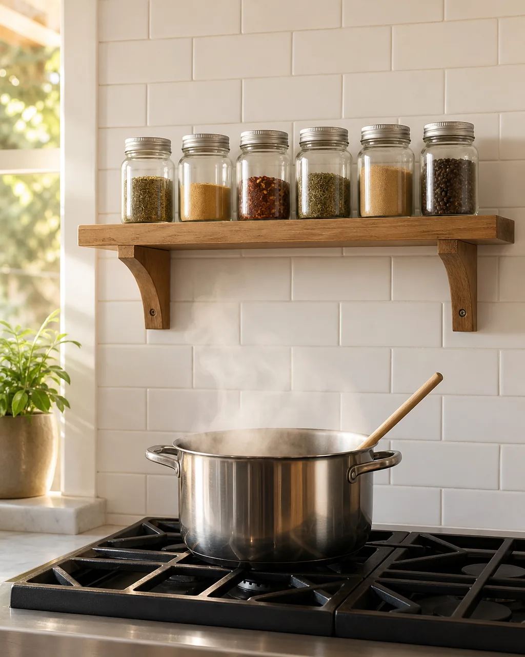 A narrow floating wooden shelf mounted on white subway tile backsplash above a gas stove with six spice jars in a single row, a stainless steel pot with wooden spoon below