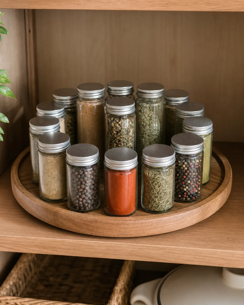 A round wooden turntable on a deep pantry shelf holding about fifteen spice jars arranged in concentric circles with tallest jars in center and shortest on the perimeter, a raised lip edge visible