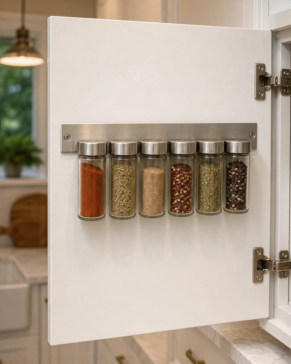 Inside of an open white cabinet door with a stainless steel magnetic strip mounted horizontally, six small glass spice jars with metal lids clinging to the strip in a neat row