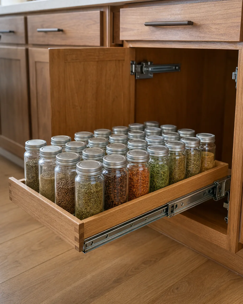 A wooden pull-out sliding tray extended from a kitchen cabinet at eye level showing rows of labeled spice jars, full-extension metal slides visible on both sides