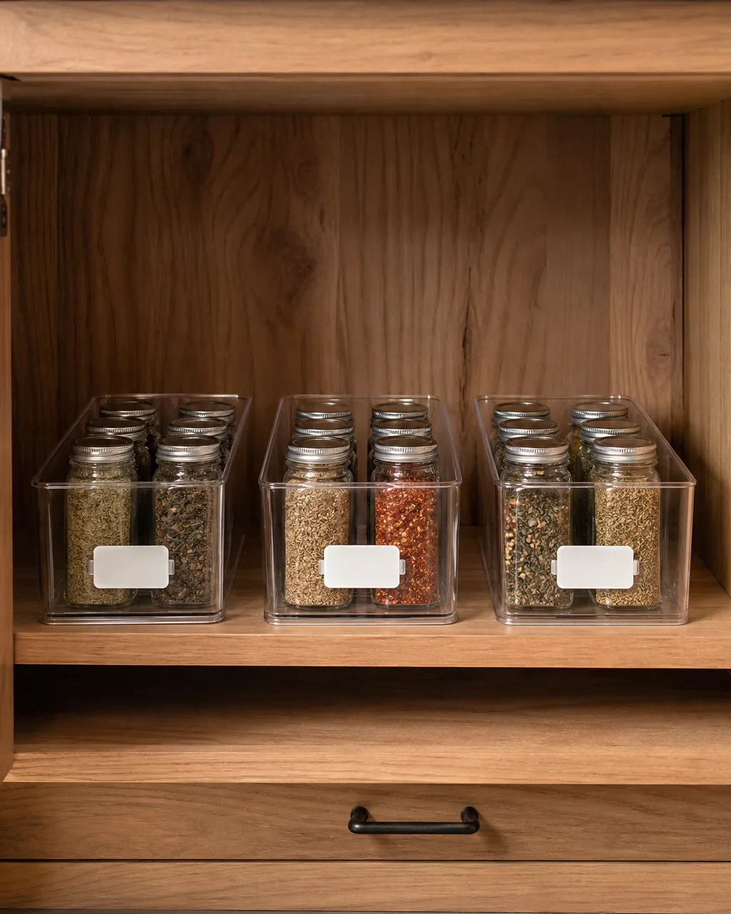 A horizontal wall-mounted dark walnut wooden rail with eight glass test tubes containing whole spices like star anise cinnamon sticks peppercorns and cardamom pods, cork stoppers in each tube