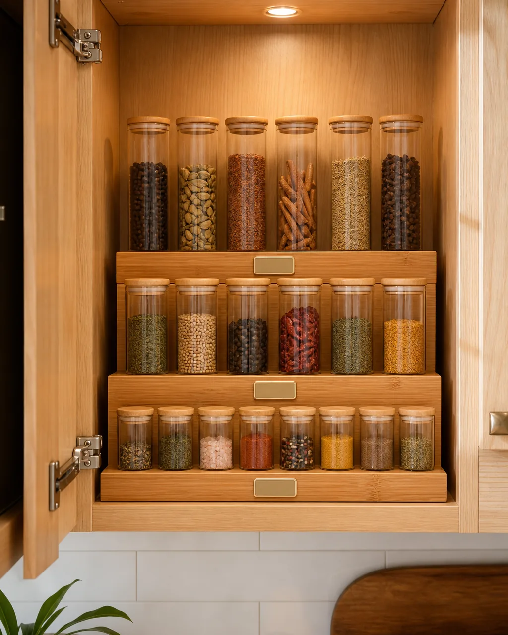 A three-tier bamboo shelf riser inside an open kitchen cabinet with glass spice jars arranged by height on each tier, tallest on the back row and shortest in front, warm overhead lighting