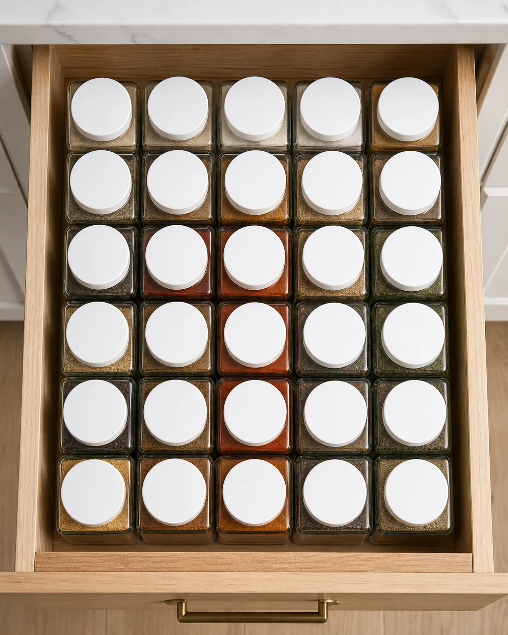 Overhead top-down view of uniform square glass spice jars arranged in a grid pattern inside a kitchen drawer, white labels on each lid showing spice names, jars tessellating with no gaps