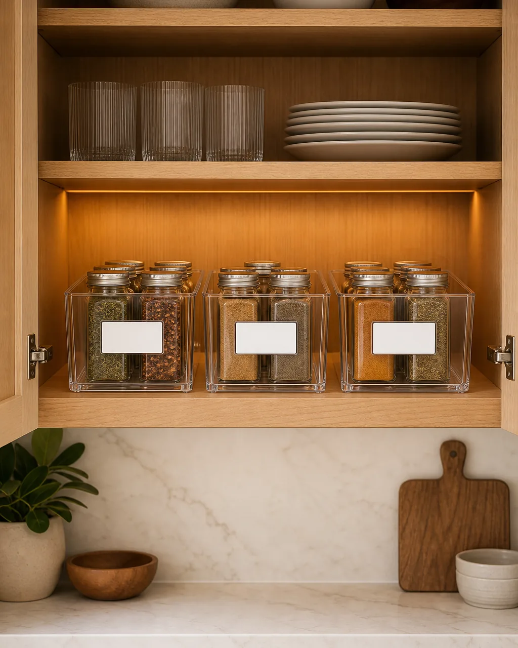 Inside of an open pantry door with a vertical wire grid rack mounted on it, small spice jars held by spring clips arranged in neat rows, the kitchen visible through the pantry opening behind