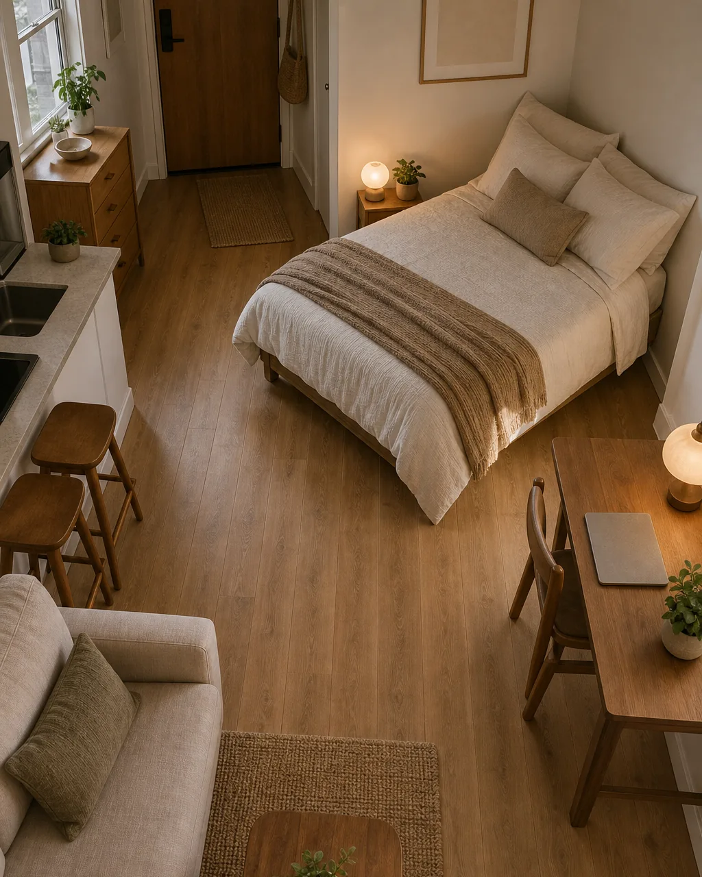 A bed angled at 45 degrees in a tight studio apartment corner where a square placement wouldn't fit, warm neutral bedding, the diagonal angle visibly opening up floor space on both sides of the bed compared to a flush corner placement