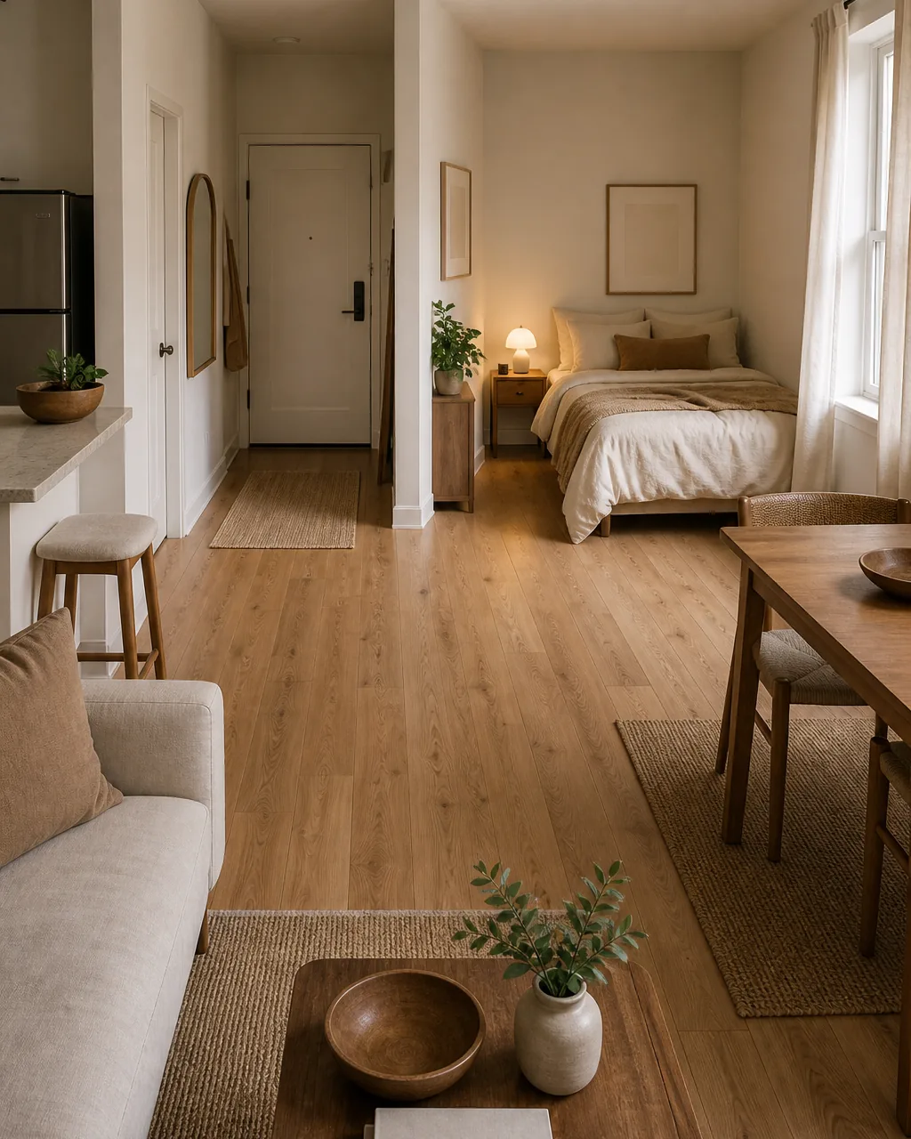 A bed anchored in the corner of a studio apartment farthest from the front door, warm neutral bedding, a nightstand and lamp beside it, the entry door visible across the room with no direct sightline to the bed's headboard