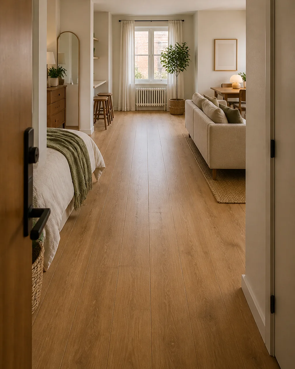 A studio apartment with a clear, straight, furniture-free walking path running from the front door to a window on the far wall, furniture arranged along the sides, warm wood floor visible uninterrupted down the center line