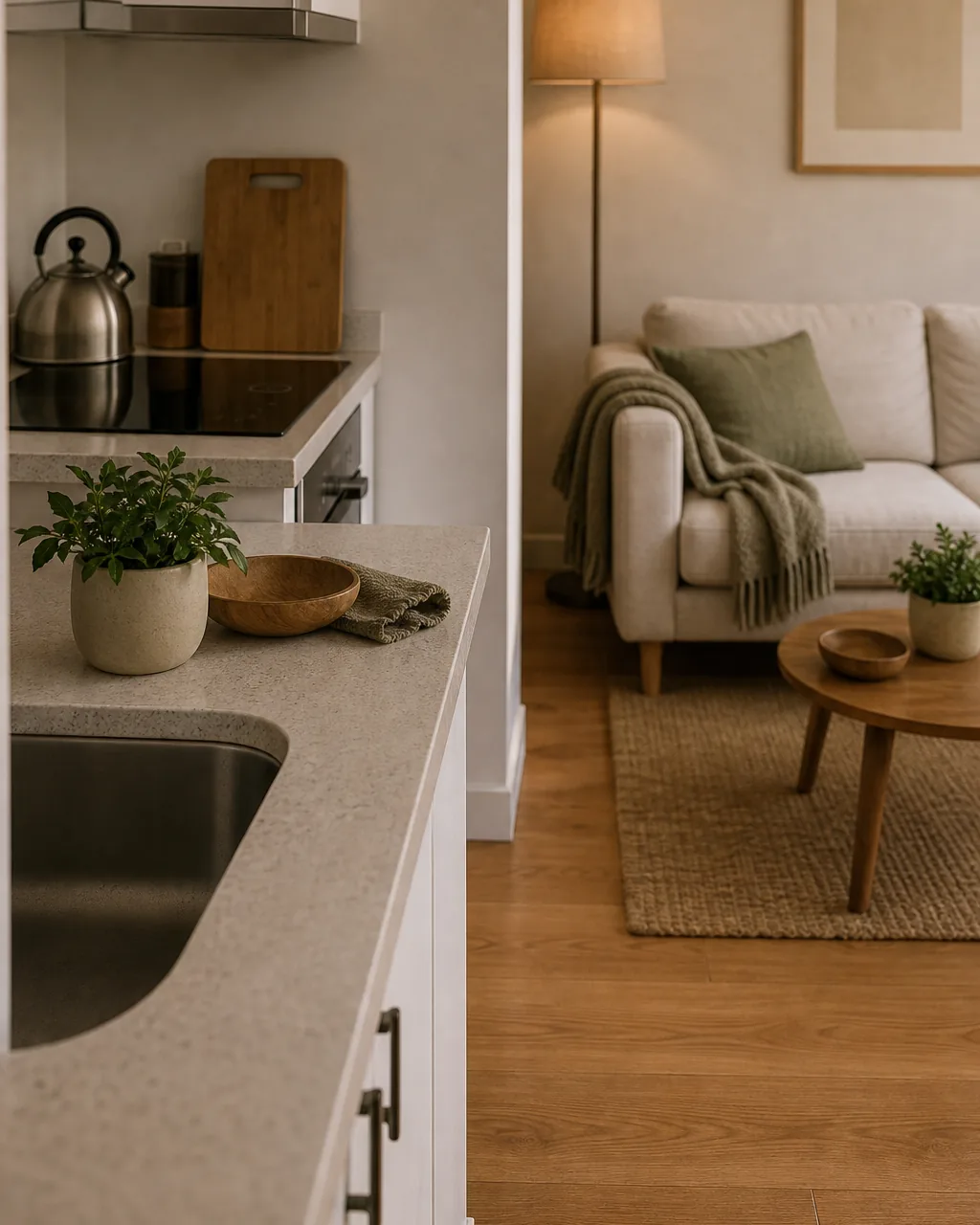 A kitchen counter's edge in a studio apartment serving as the visual boundary line between the cooking area and the living room area beyond it, warm cabinetry, a sofa and coffee table visible just past the counter's edge