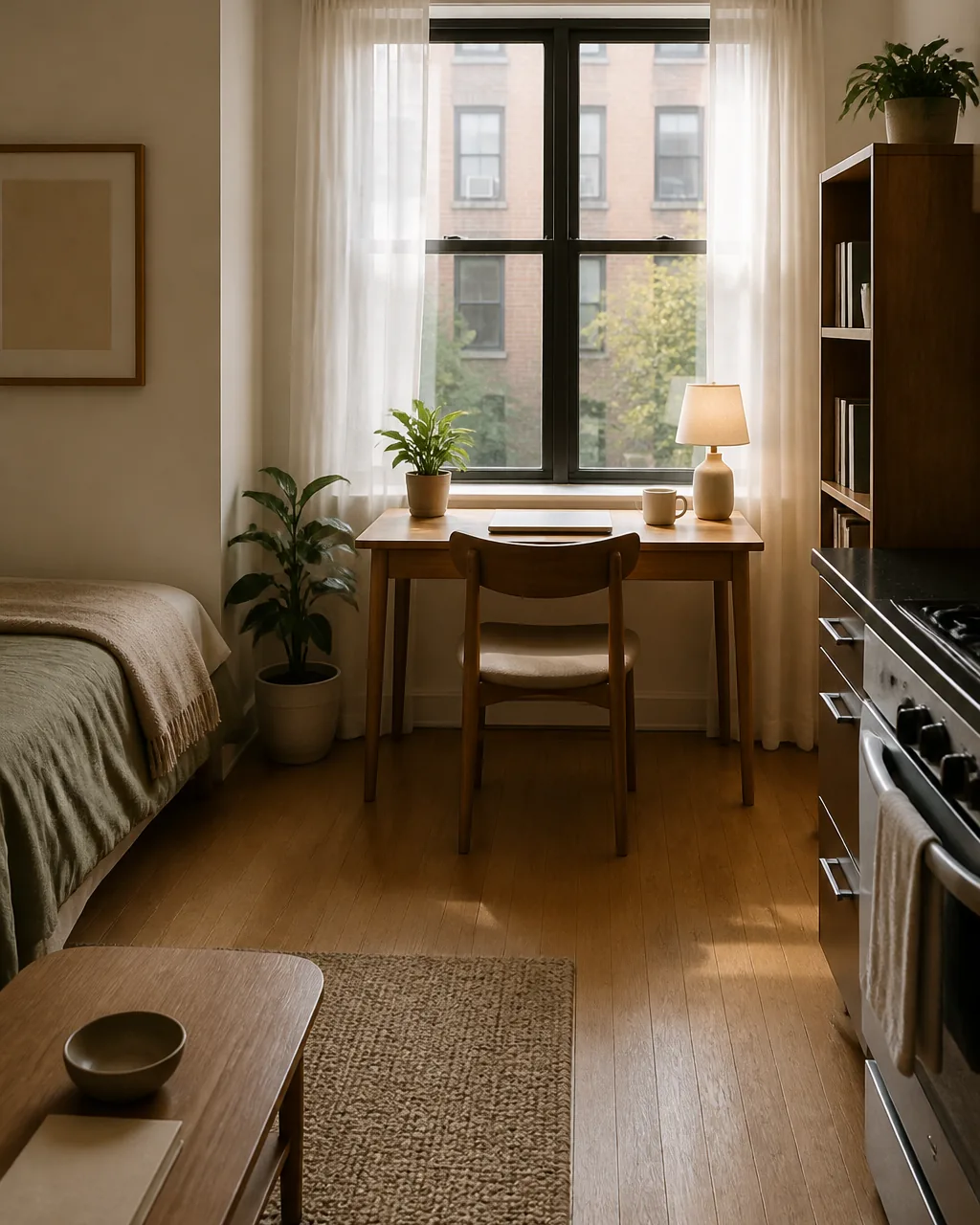 A small writing desk in a studio apartment positioned to directly face a window rather than a blank wall, a chair pulled up to the desk, warm natural light coming through, a bookshelf and kitchen visible in the periphery