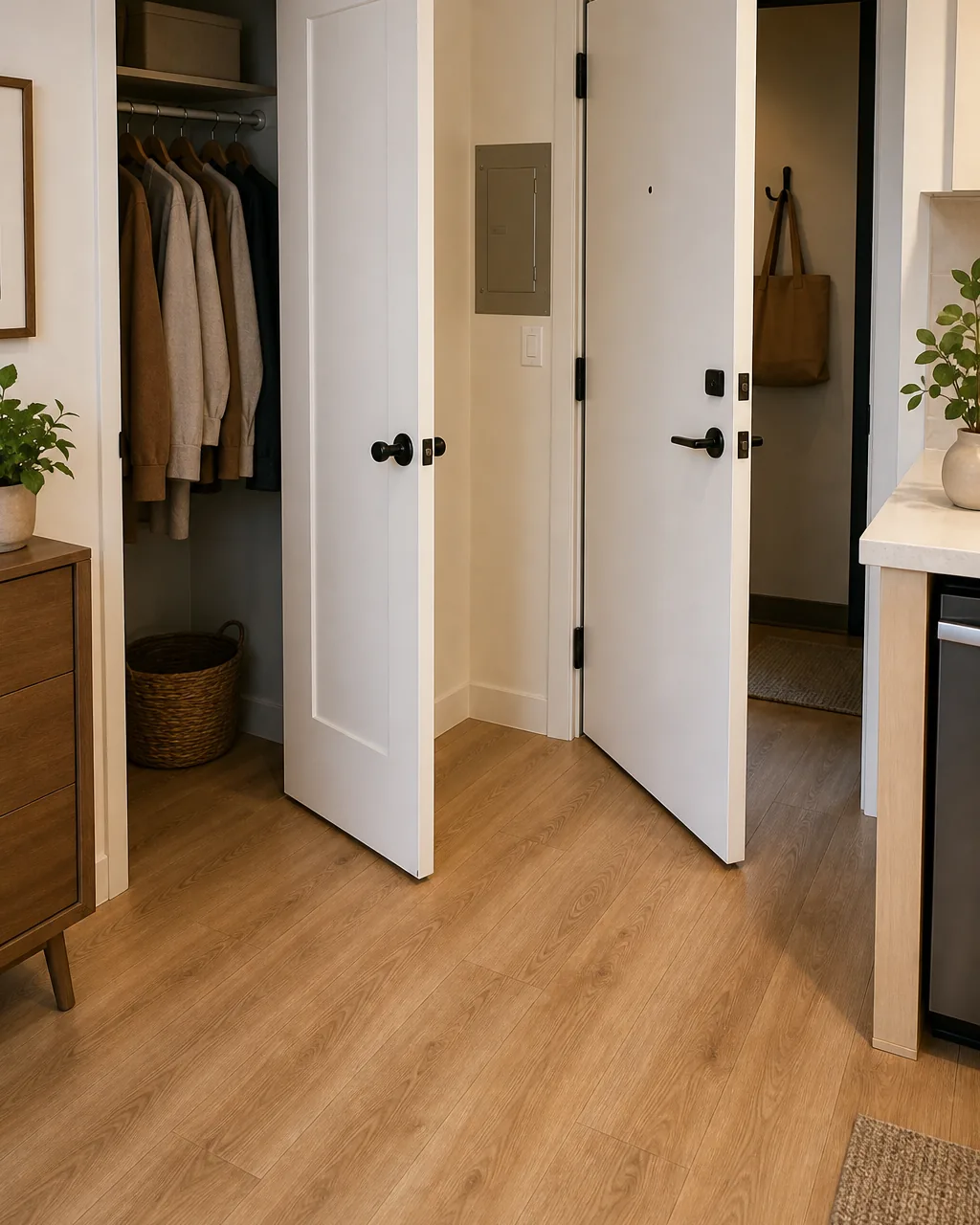 Two doors open in a studio apartment, a closet door and an entry or bedroom door, both fully open to show their swing arcs across the floor, no furniture placed within either arc, wood floor visible clear beneath both open doors