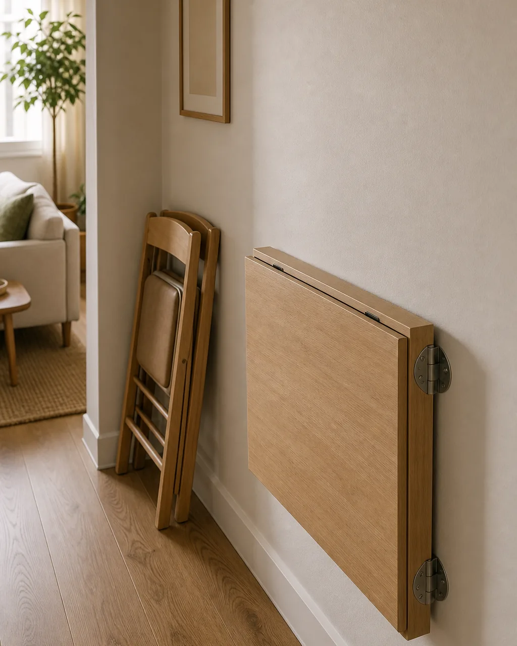 A fold-down dining table mounted flat against a studio apartment wall in its collapsed position, hardware brackets visible, floor space in front of it completely open, warm wood tone matching the room's palette