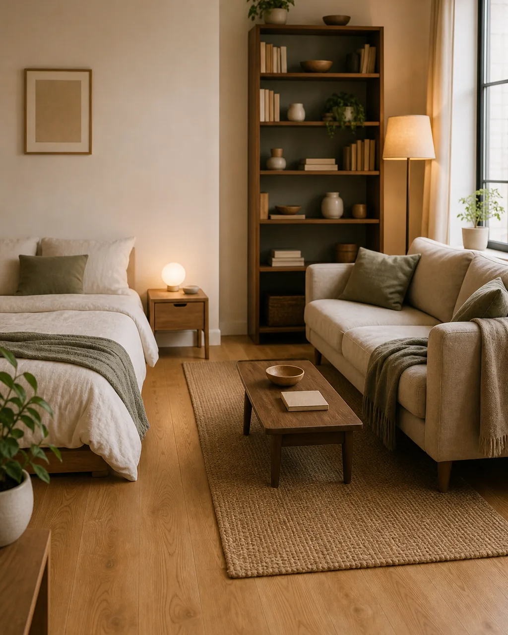 A studio apartment showing a clear height gradient in furniture, low bed and nightstand near the sleeping corner, furniture rising in height toward a taller bookshelf and floor lamp near the living zone, warm wood tones throughout