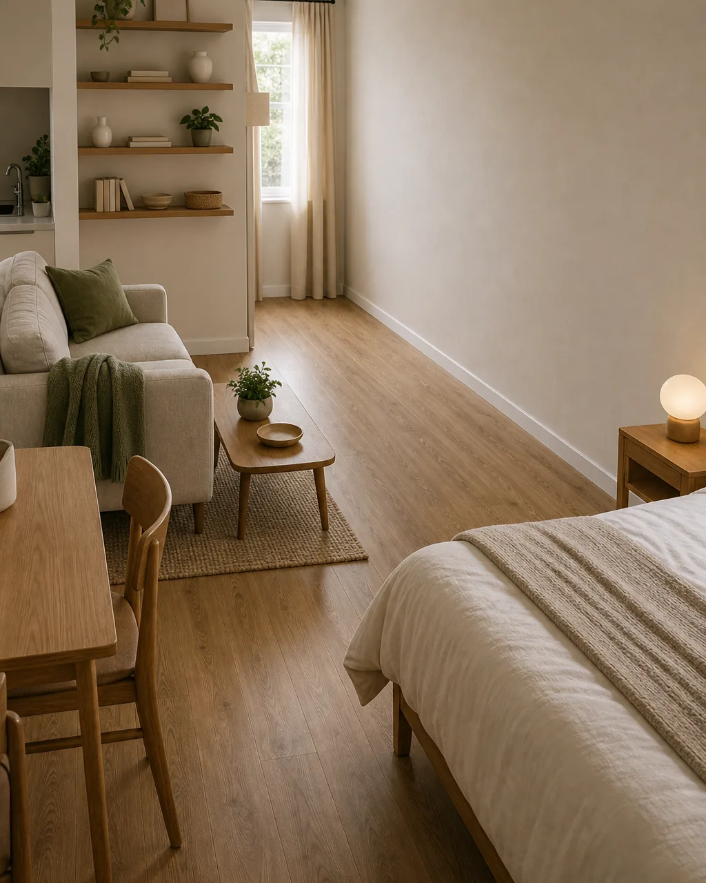 Open floating shelves installed on one wall of a studio apartment holding neatly arranged books and plain objects, the facing wall left completely bare and uncluttered, warm neutral wall color, the contrast between the busy and bare walls clearly visible