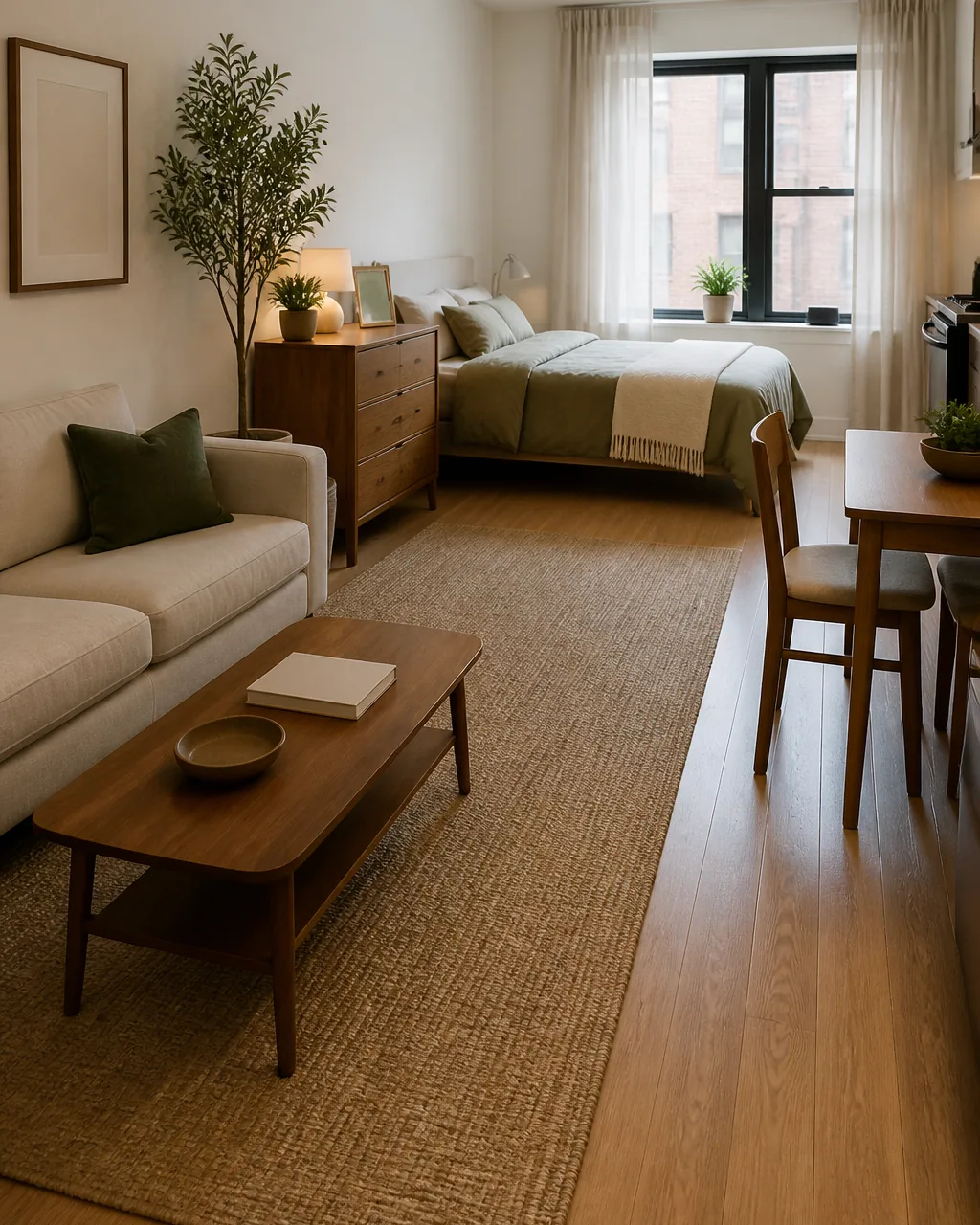 A studio apartment with a long runner-style rug whose long edge runs parallel to and matches the length of the room's longest wall, connecting the living area and dining area visually, wood floor bordering the rug on both sides