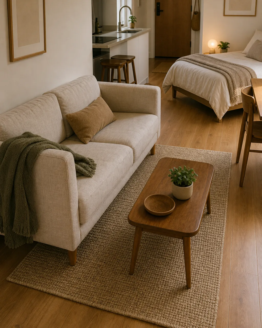 A single area rug sized to sit precisely under a studio apartment's sofa and coffee table footprint only, the rug's edge visible stopping short of the dining and bed zones, wood floor exposed beyond the rug's boundary