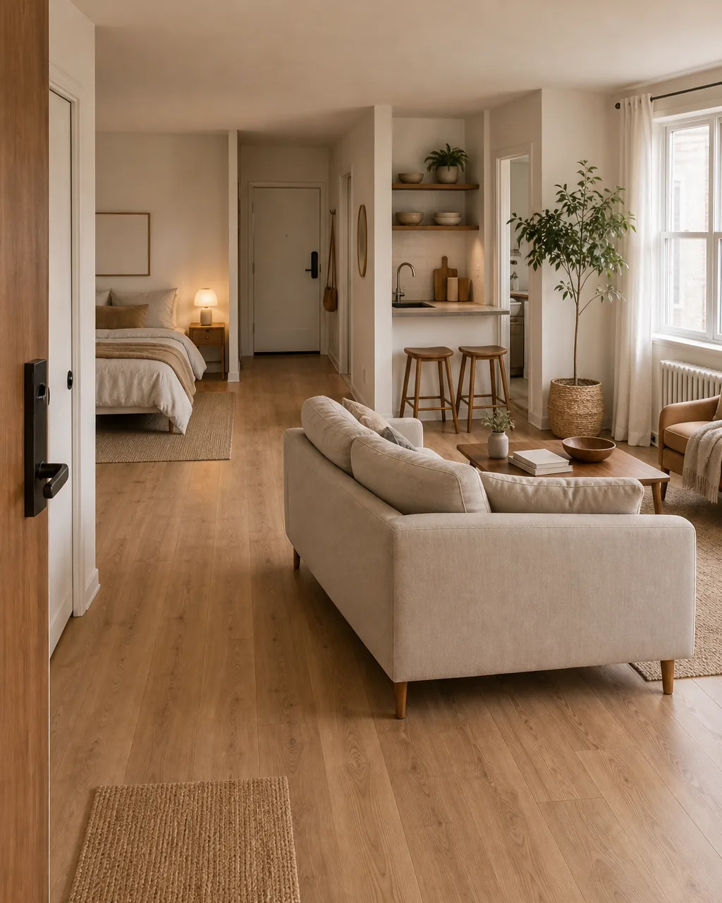 A sofa floated perpendicular to a studio apartment wall, its back facing into the room, positioned to visually separate a living zone from the rest of the open floor, warm neutral upholstery, a small side table at the sofa's end