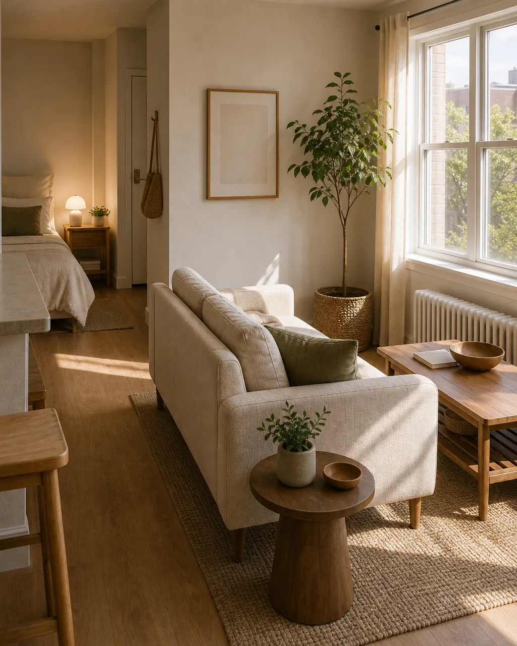 A studio apartment living zone arranged around a window as its focal point rather than around the entry door, sofa and coffee table facing the window's natural light, warm neutral textiles, plants near the window sill
