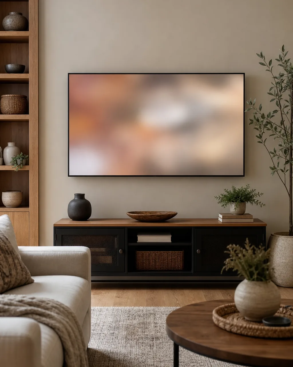 A wall-mounted TV displaying a soft blurred still image on its screen while turned off, blending into the wall decor around it