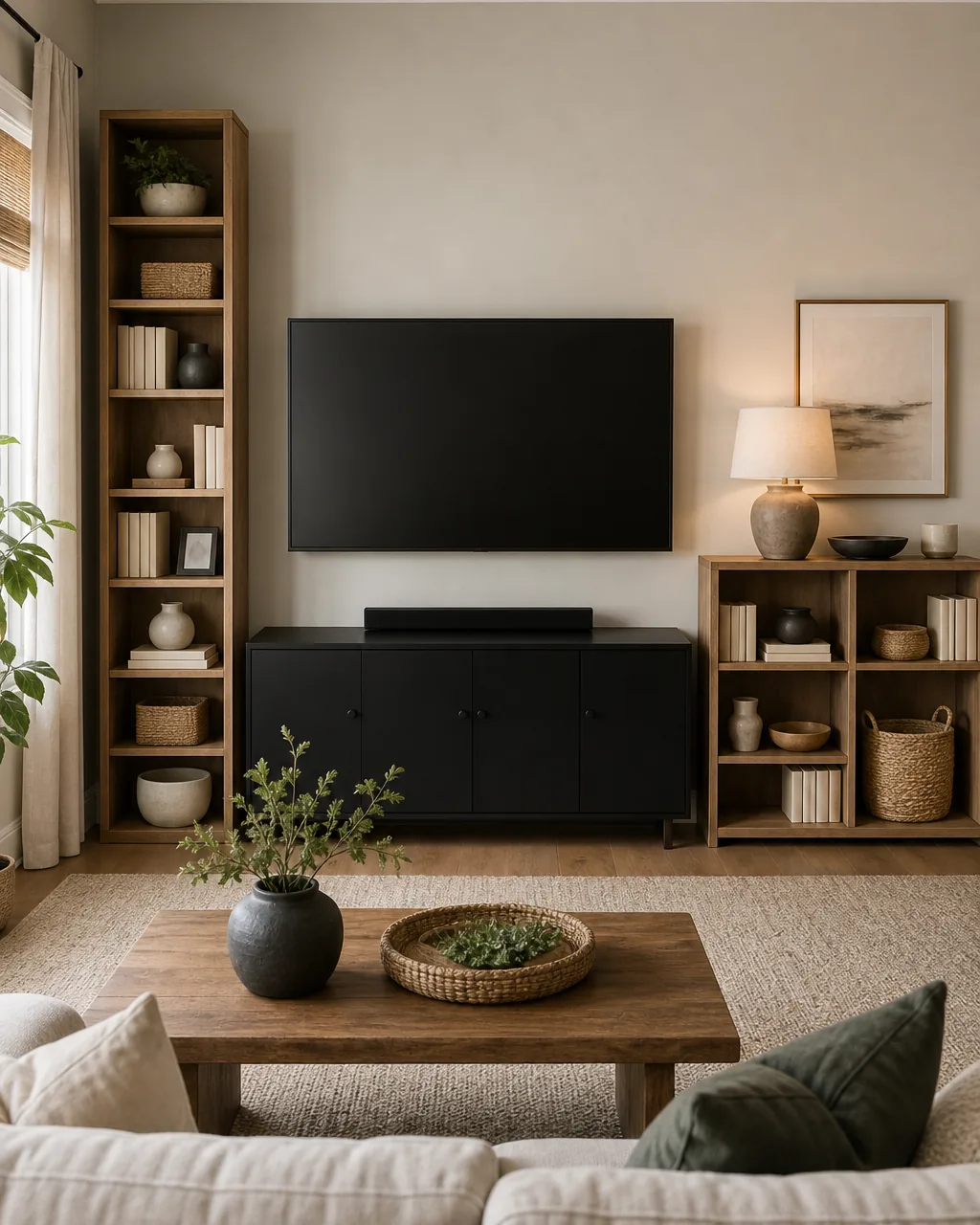 Two different-height bookshelves flanking a wall-mounted TV, one taller and narrower than the other