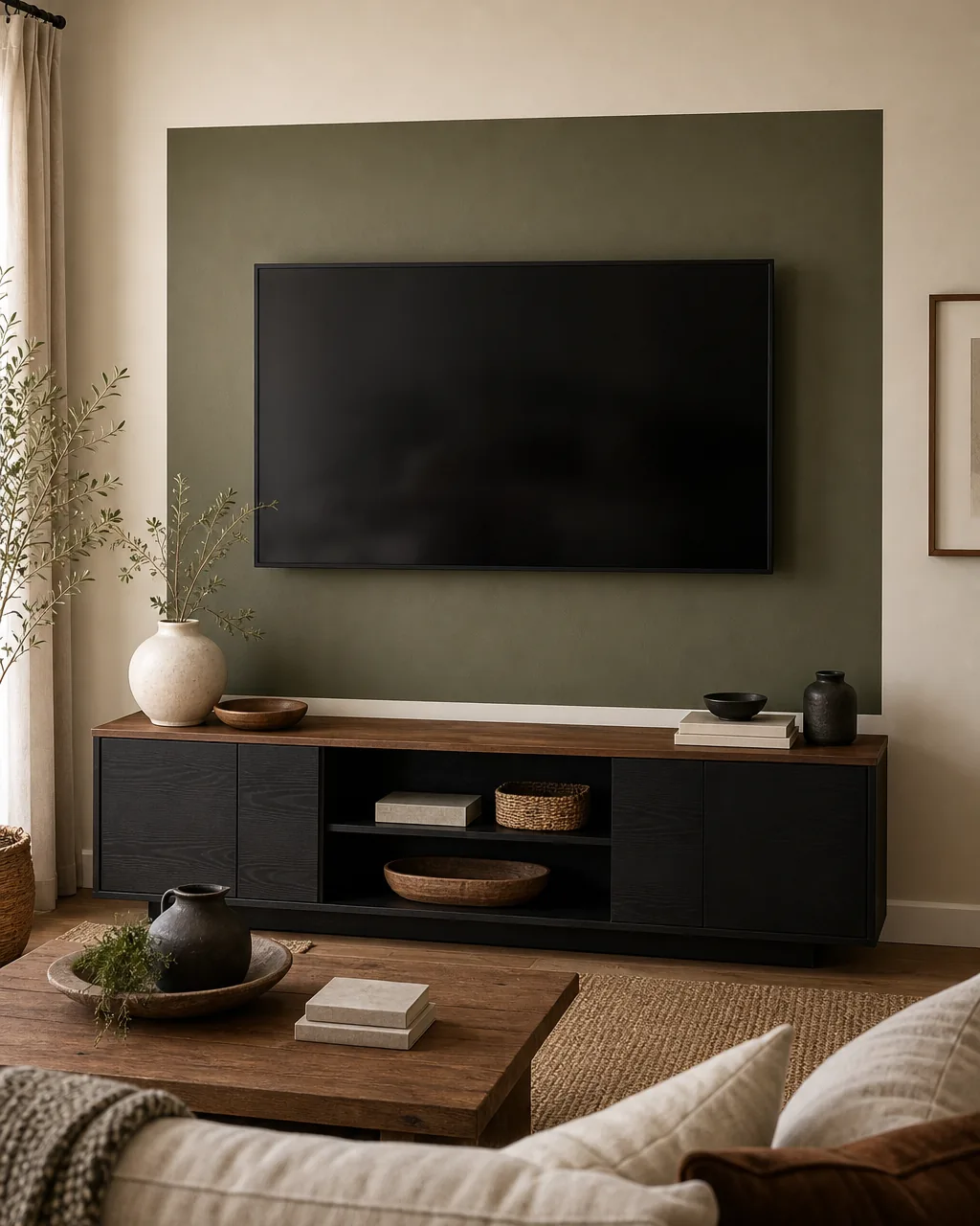 A rectangular color-block painted panel on the wall behind a mounted TV, the paint bounded to a defined shape rather than covering the full wall