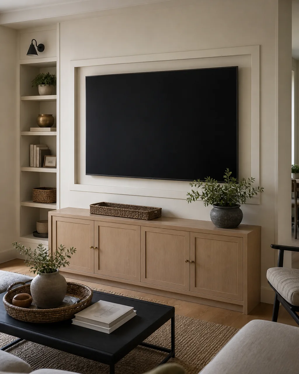 A TV mounted inside a color-matched wood frame built into the wall, blending the bezel into the surround
