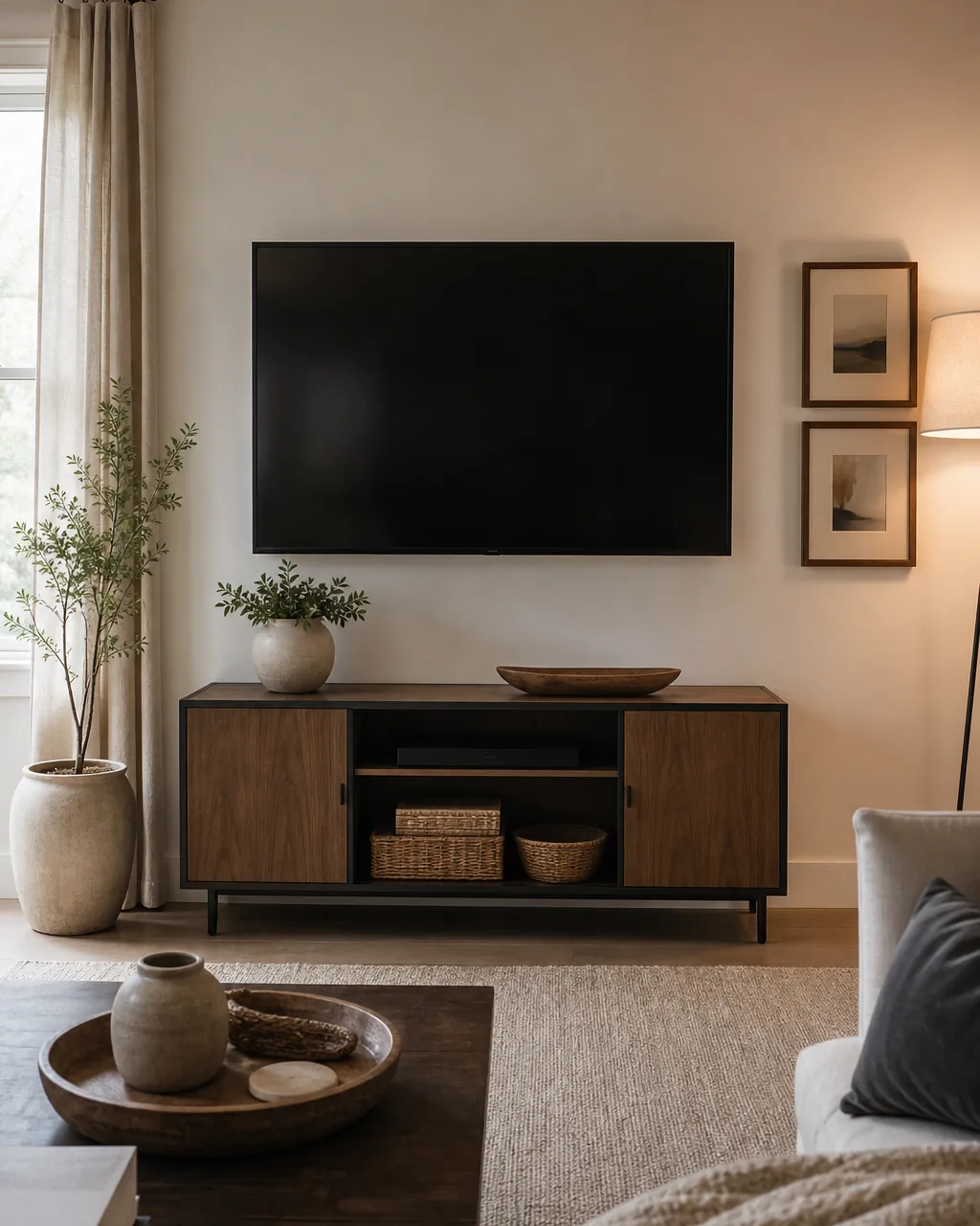 A media console under a wall-mounted TV, the console's width closely matching the width of the screen above it rather than spanning the whole wall