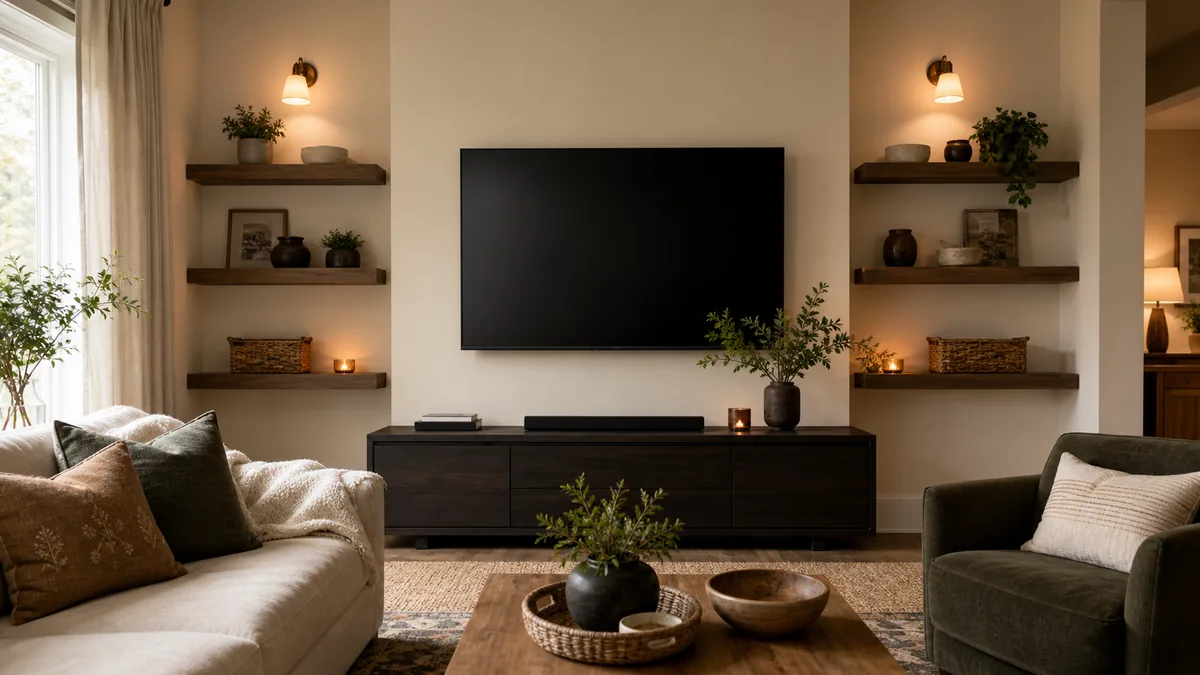 A wide editorial view of a real living room TV wall fully composed, with a wall-mounted TV centered above a low console, flanked by matching floating shelves and warm sconce lighting